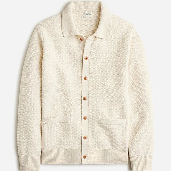 NWT J Crew Cotton Tuck-Stitch Collared Cardigan Polo Sweater in Ivory White
